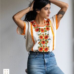 Vibrant Boho Floral Embroidery in Orange and White Women's Top - One Size